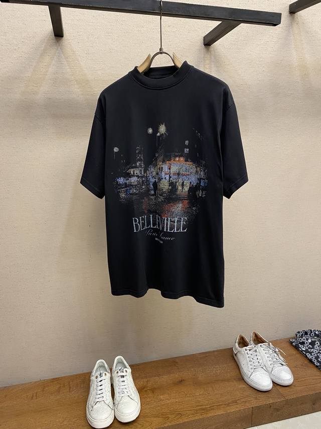 Balenciaga，BLCG Belleville夜色街景短袖T恤 tee. 城市夜景限定系列 采用特定重磅16S230g精棉平纹针织定染对色面料 定织十字拉 - 点击图像关闭