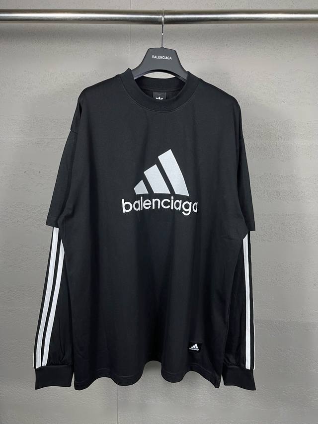 FFF细节图 顶级版本.官网品质 BALENCI*GA 巴黎联名Adidas前面经典LOGO组合，刺绣长袖T恤# 面料采用巴黎ZP定织定染全棉双纱。克重260克