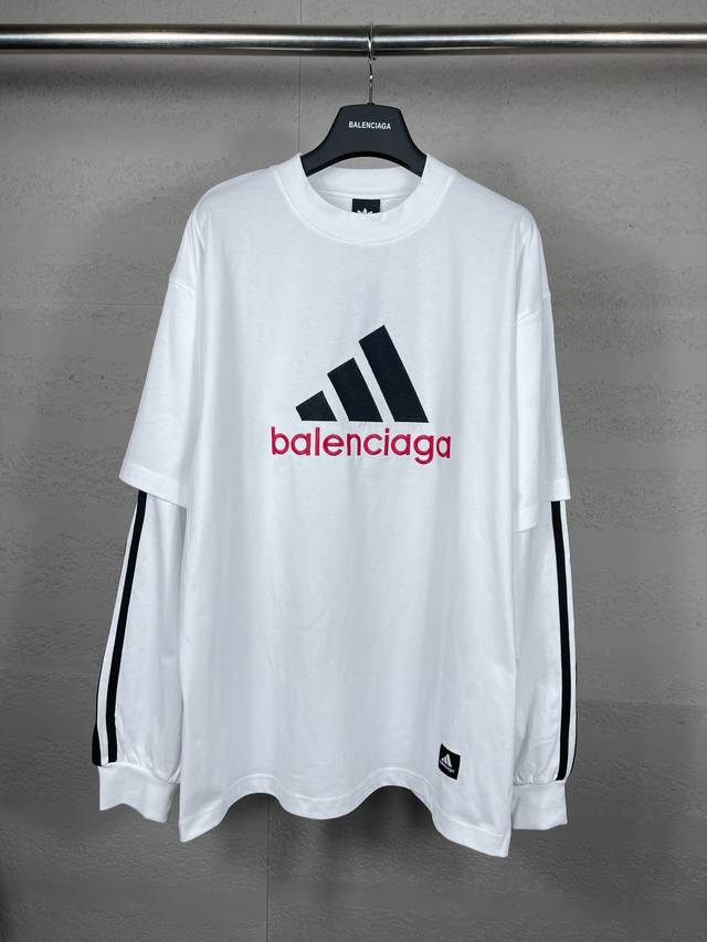 FFF细节图 顶级版本.官网品质 BALENCI*GA 巴黎联名Adidas前面经典LOGO组合，刺绣长袖T恤# 面料采用巴黎ZP定织定染全棉双纱。克重260克