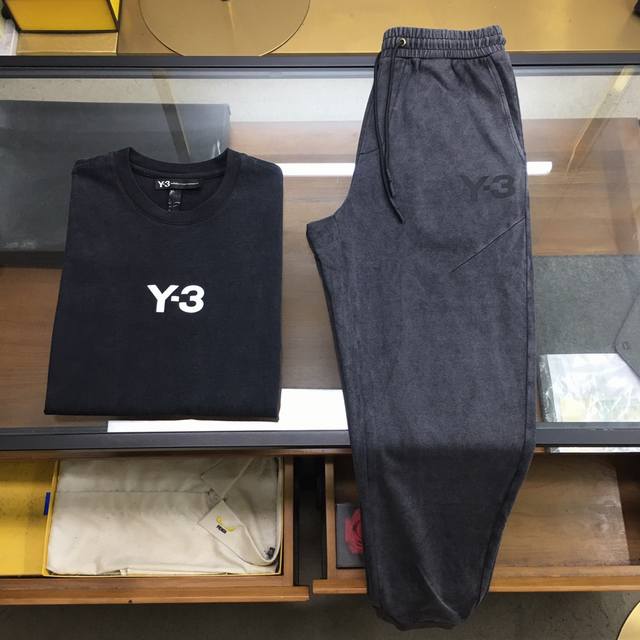 新品套装上衣 ，裤 Y-3 可拆卖 2024春夏 SS Y*本季主推仿旧水洗褪色短袖体恤长裤套装 定制贵柜品质巴黎百分棉260克长绒棉面料，前幅Y~3标志性LO