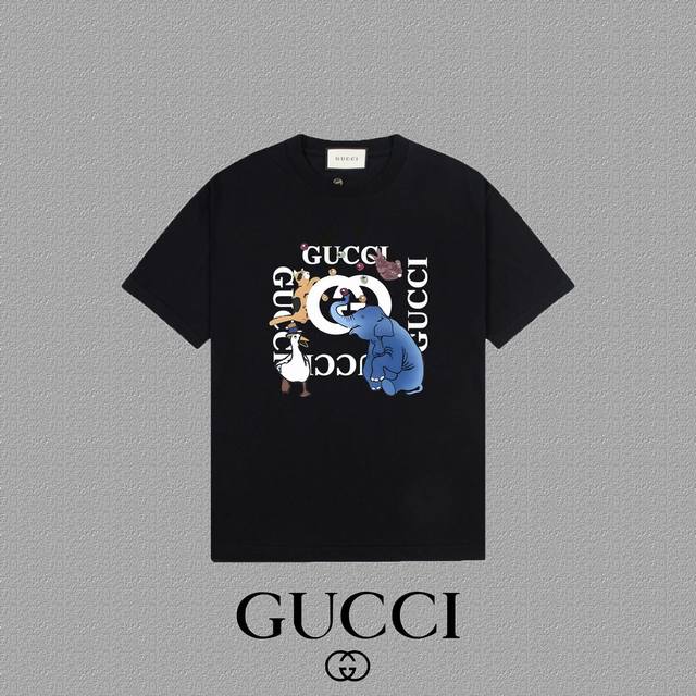 Gucci 古奇] 2024FW短袖T恤 LOGO印花 高端32s双纱260克面料 重磅面料 定制拉架罗纹同缸同染 三标齐全 男女同款 颜色：黑色 白色 尺码：