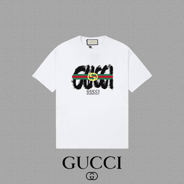 Gucci 古奇] 2024FW短袖T恤 LOGO印花 高端32s双纱260克面料 重磅面料 定制拉架罗纹同缸同染 三标齐全 男女同款 颜色：黑色 白色 尺码：