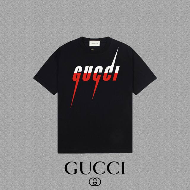 Gucci 古奇] 2024FW短袖T恤 闪电LOGO印花 高端32s双纱260克面料 重磅面料 定制拉架罗纹同缸同染 三标齐全 男女同款 颜色：黑色 白色 尺