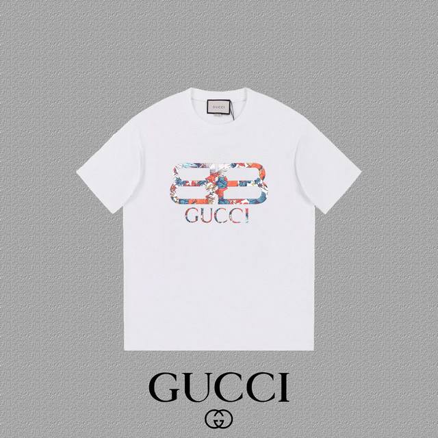 Gucci 古奇] 2024FW短袖T恤 LOGO印花 高端32s双纱260克面料 重磅面料 定制拉架罗纹同缸同染 三标齐全 男女同款 颜色：黑色 白色 尺码：