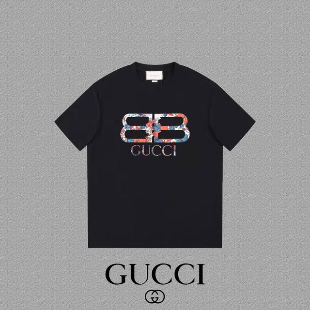 Gucci 古奇] 2024FW短袖T恤 LOGO印花 高端32s双纱260克面料 重磅面料 定制拉架罗纹同缸同染 三标齐全 男女同款 颜色：黑色 白色 尺码：