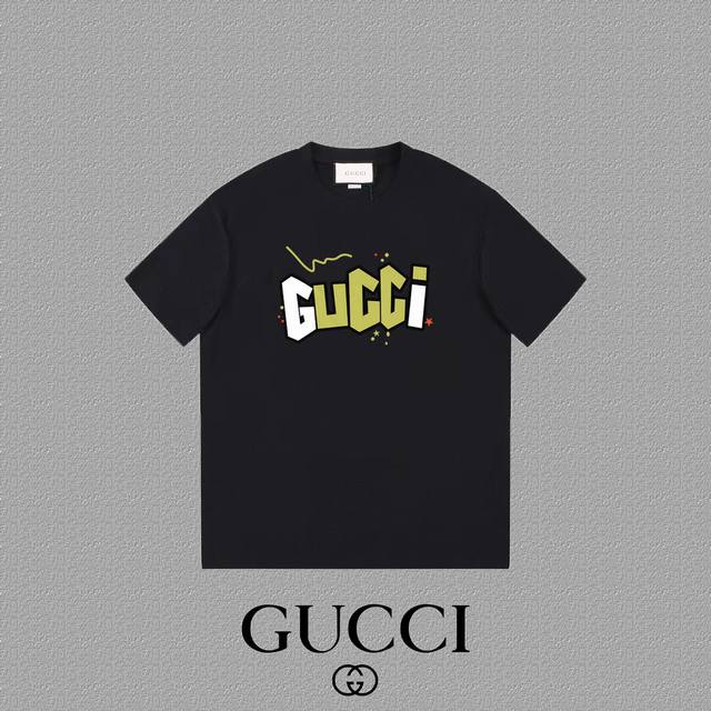 Gucci 古奇] 2024FW短袖T恤 LOGO印花 高端32s双纱260克面料 重磅面料 定制拉架罗纹同缸同染 三标齐全 男女同款 颜色：黑色 白色 尺码：