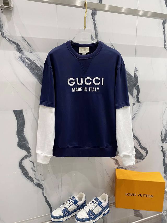 GUCCI 古驰 2024秋季新款圆领卫衣 假二件拼接 刺绣字母LOGO 纯原品质 原版面料 官方同款 同缸染面料 手感非常舒服 超级百搭好看 个性复古气质 男