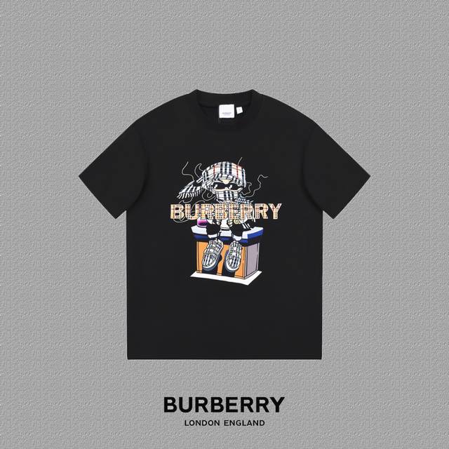 Burberry 巴宝莉] 2024FW短袖T恤 LOGO印花 高端32s双纱260克面料 重磅面料 定制拉架罗纹同缸同染 三标齐全 男女同款 颜色：黑色 白色