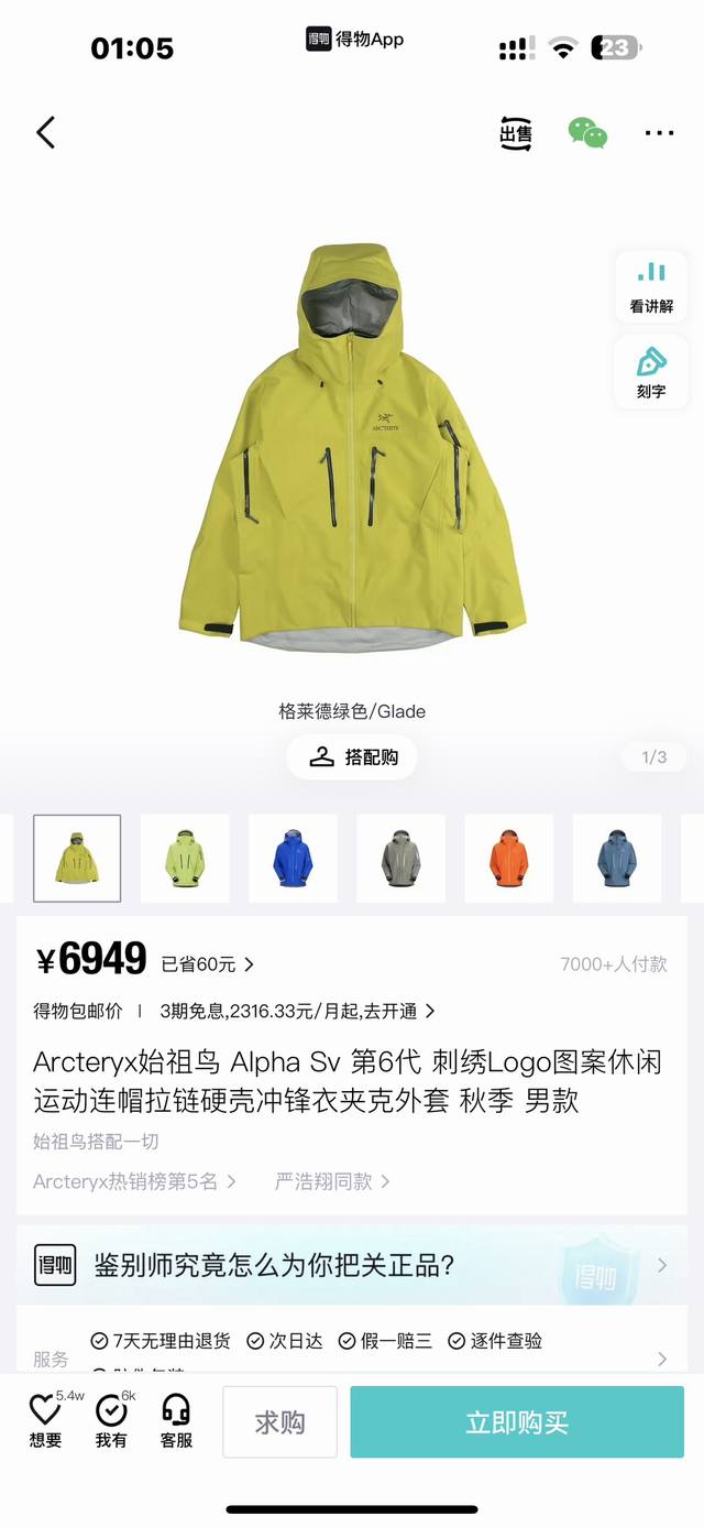 顶级版本 arc teryx alpha sv 格莱德绿色jacket-mens始祖鸟 SV第六代gtx户外防水硬壳向导级冲锋衣机能风拉链夹克 - 始祖鸟，加拿