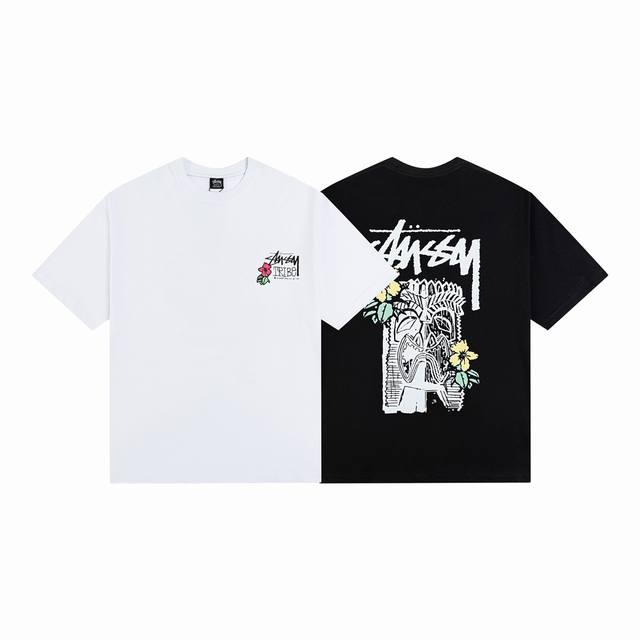 款号HN630 高品质版本，区别通货 STUSSY 斯图西 部落面具花奔图案印花男女短袖T恤 -面料精选32支230克双纱面料 手感柔软舒适 吸汗透气. -百搭