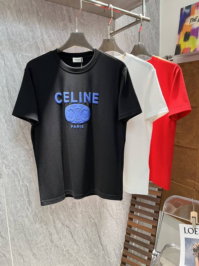 Celine 原单品质！2024秋款加厚新款T恤.最新品牌标志性发泡印花造型工艺.无可挑剔！简单高级.日常服饰的标志性特征。。这款单品风格百搭，320棉莫代尔面