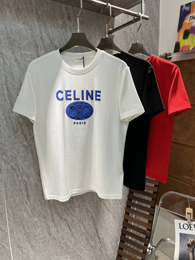 Celine 原单品质！2024秋款加厚新款T恤.最新品牌标志性发泡印花造型工艺.无可挑剔！简单高级.日常服饰的标志性特征。。这款单品风格百搭，320棉莫代尔面