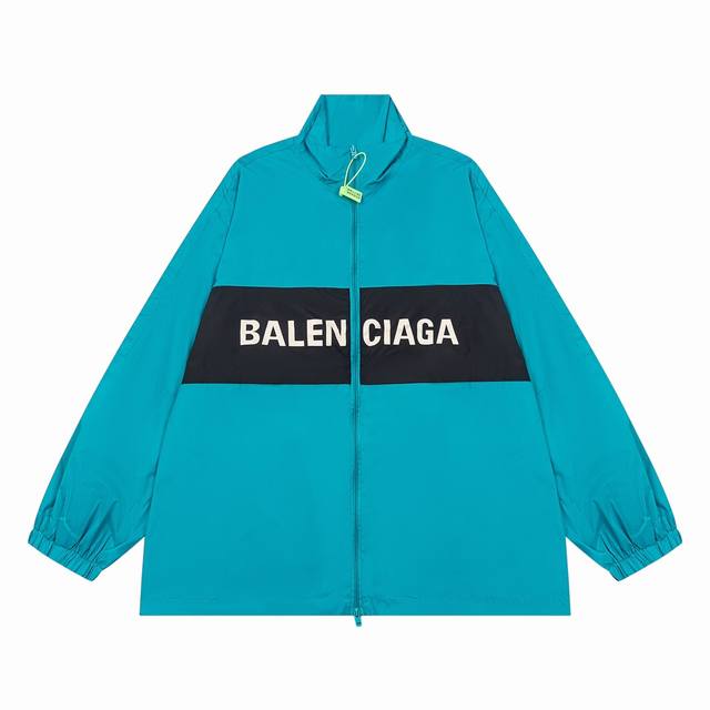 最高版本 BALENCIGA 巴黎世家ss BLCG新款拼接湖水蓝标语冲锋衣夹克轻奢主义撞色防晒男女同款通勤风衣外套必备单品 定制消光塔丝隆冲锋衣面料 4级防泼