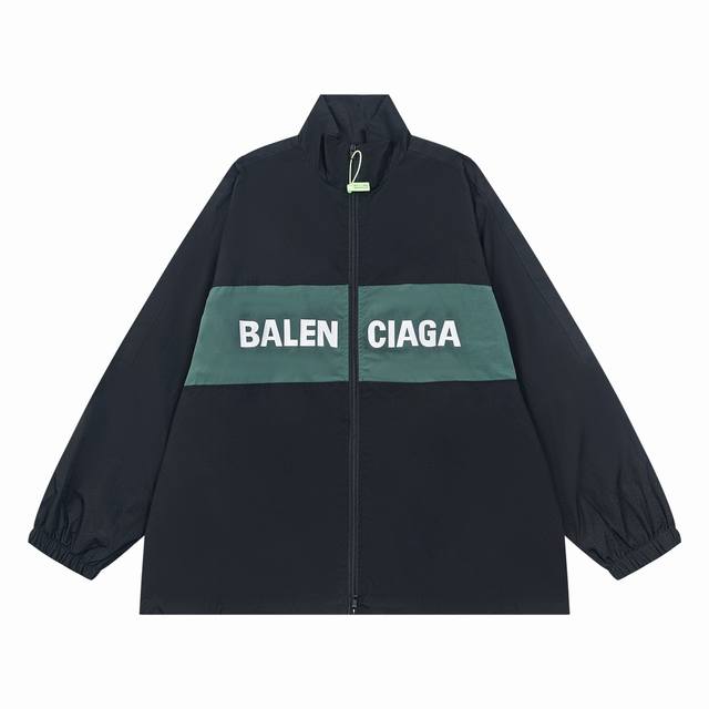 最高版本 BALENCIGA 巴黎世家ss BLCG新款拼接湖水蓝标语冲锋衣夹克轻奢主义撞色防晒男女同款通勤风衣外套必备单品 定制消光塔丝隆冲锋衣面料 4级防泼