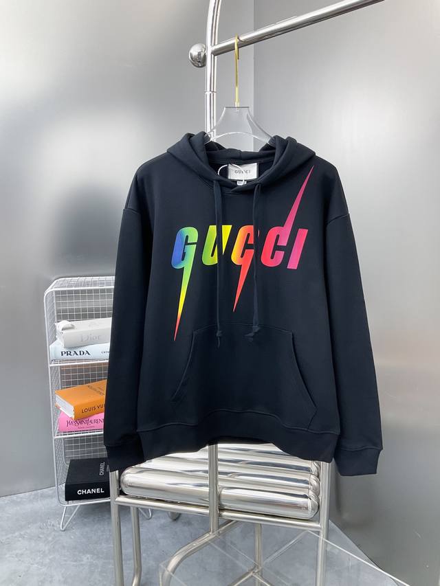 高品质 GUCCI 古驰 炫彩闪电锋刃字母 印花 大Logo标识精致升级，连帽卫衣 原版面料 官方同款 420克双股大毛圈面料同缸染面料 手感非常舒服 春夏最新