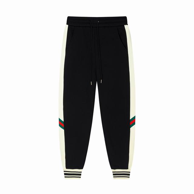 GUCCI 古驰 拼布织带 字母刺绣LoGO标识。长裤、高品质400克纯棉卫衣布、特别手感、超级质感 舒适柔软透气 休闲宽松版型 潮流男女同款 长裤 颜色：黑色