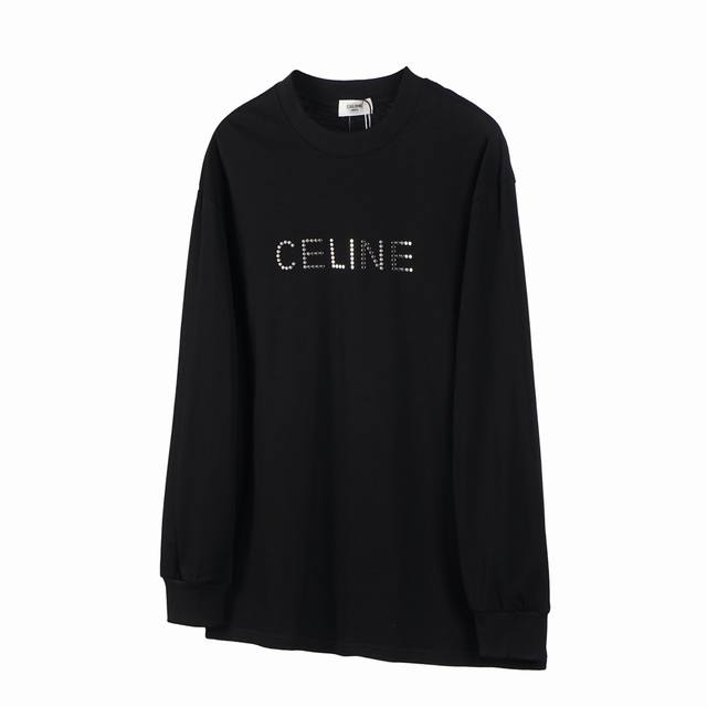 CE11 CELINE 塞琳 24ss金属铆钉长袖T恤 定制260g全棉双纱紧密爽滑面料，布面干净，布纹清晰，手感非常细腻扎实，更加力挺 袖口加宽螺纹设计，贴合