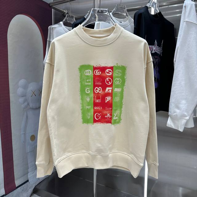 GUCCI 2024 秋冬新款 个性印花圆领卫衣 男女同款 S M L XL XXL 五个码 黑色 杏色