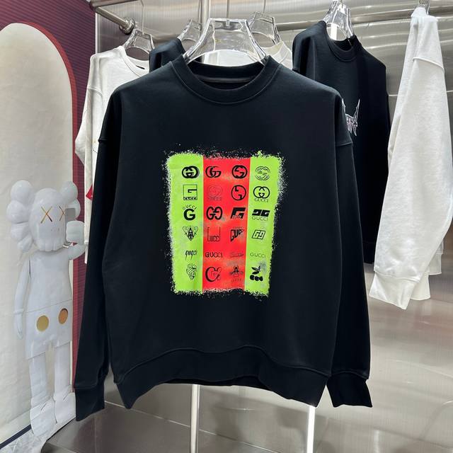 GUCCI 2024 秋冬新款 个性印花圆领卫衣 男女同款 S M L XL XXL 五个码 黑色 杏色