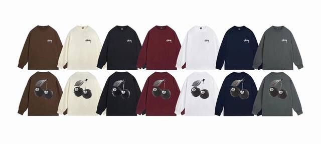 上新款号：S1087 STUSSY 斯图西 Stussy SS24 CHERRIES TEE 夏季系列 樱桃印花图案宽松罗纹领圆领tee秋季宽松长袖T恤.情侣搭