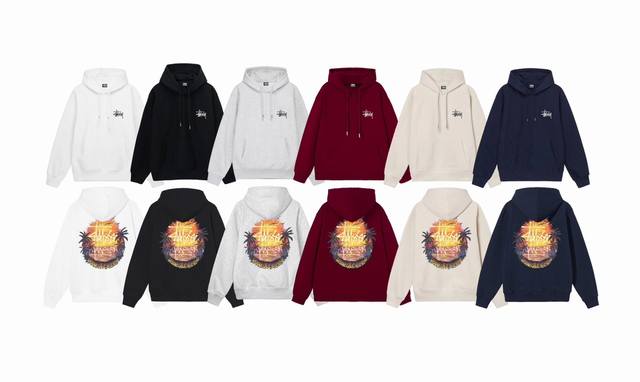 毛圈 加绒 上新 款号：S2075 STUSSY 斯图西 Stussy SS24 椰子树日落风景图案印花连帽卫衣 男女同款 不起球不掉色 大毛圈落肩版型 二本针