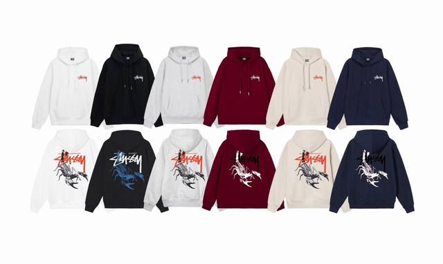 毛圈 加绒 上新 款号：S2061 STUSSY 斯图西Stussy SCORPION TEE 背面蝎子印花图案印花连帽卫衣 男女同款 不起球不掉色 大毛圈落肩