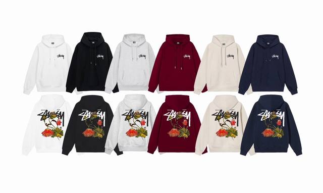 毛圈 加绒 上新 款号：S2057 STUSSY 斯图西 Stussy 山茶花印花连帽卫衣 男女同款 不起球不掉色 大毛圈落肩版型 二本针加持 拒绝变形 s经典 - 点击图像关闭