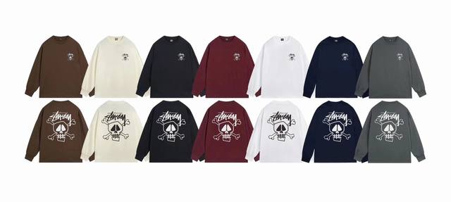 上新款号：S1064 STUSSY 斯图西 Stussy SKULL & BONES TEE PIGMENTDYED 骷髅头圆领tee秋季宽松长袖T恤.情侣搭配