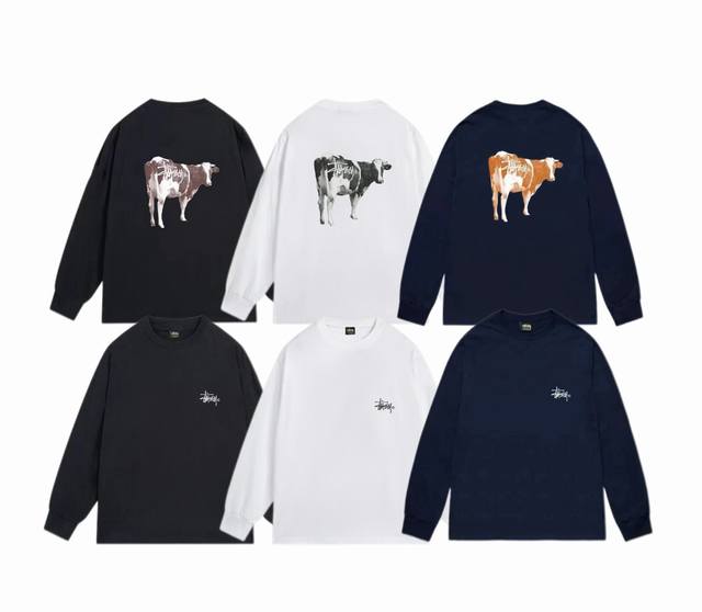 上新款号：S1059 STUSSY 斯图西 Stussy SS24动物奶牛印花图案圆领落肩袖圆领tee情侣长袖T恤 原版打造 细节高控 -面料精选280g纯棉面