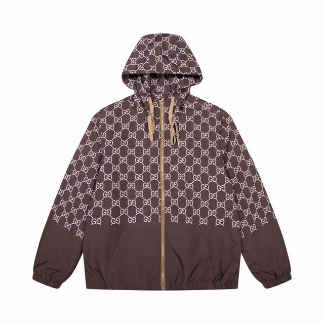 Gucci古驰双G连帽拉链满印花夹克外套 颜色：棕色 蓝色 码数：M L XL XXL XXXL