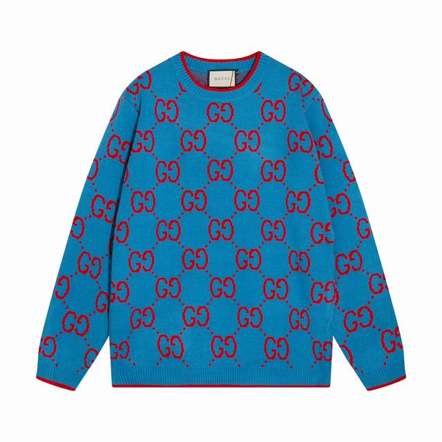 GUCCI古驰满身双G字母提花圆领毛衣 颜色：蓝色 码数：S M L XL XXL