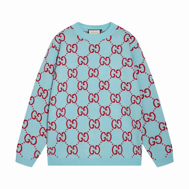 GUCCI古驰满身双G字母提花圆领毛衣 颜色：蓝红 码数：S M L XL XXL