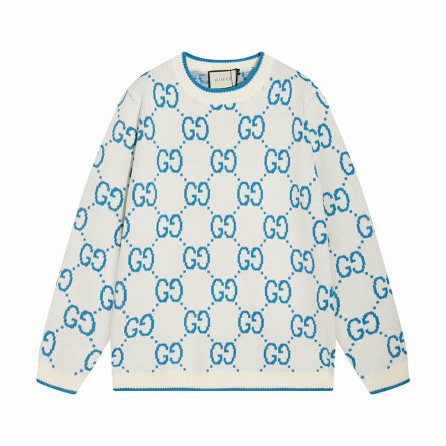 GUCCI古驰满身双G字母提花圆领毛衣 颜色：白蓝 码数：S M L XL XXL