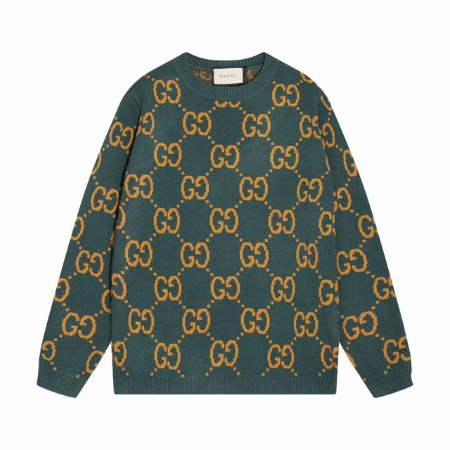 GUCCI古驰满身双G字母提花圆领毛衣 颜色：绿黄 码数：S M L XL XXL