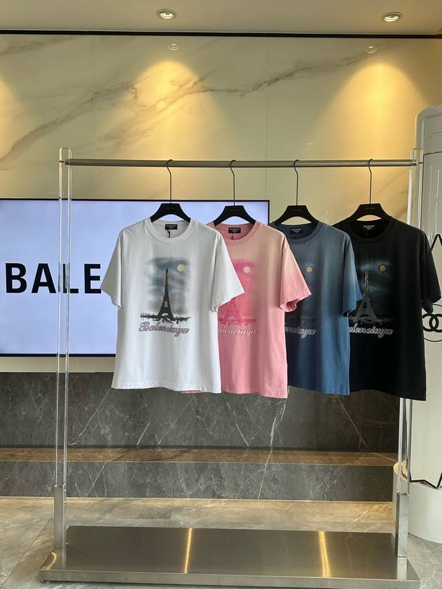 支持年后售后！ 。 25Ss Balenciaga 巴黎世家 数码印花埃菲尔铁塔复古系列圆领短袖 磨破吊磨洗水喷染做旧 款号:L2517# 面料: 32支精梳爽