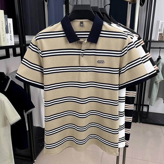 巴宝莉 男士夏季新款精品POLO衫 尺码：M-4XL，最大可穿200斤。 介绍：2025夏季男士新款短袖POLO衫， 条纹polo衫 爆款 含棉 高品质主推款