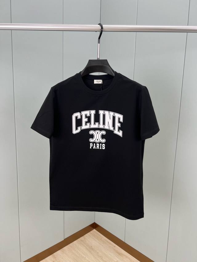 CELINE 25春夏新品撞色印花标识短袖T恤，定制80支双股丝光棉面料；黑色 白色 M-XXXL