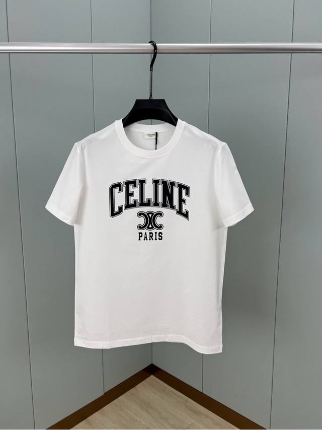 CELINE 25春夏新品撞色印花标识短袖T恤，定制80支双股丝光棉面料；黑色 白色 M-XXXL