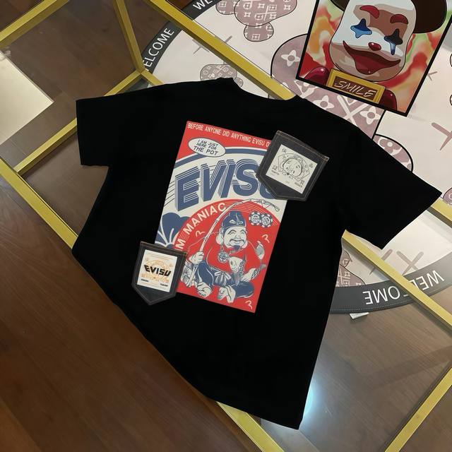 重磅300克 EVISU 福神 年冬季新品 男士佛头钓鱼翁口袋印花短袖T恤 码数S-XXL