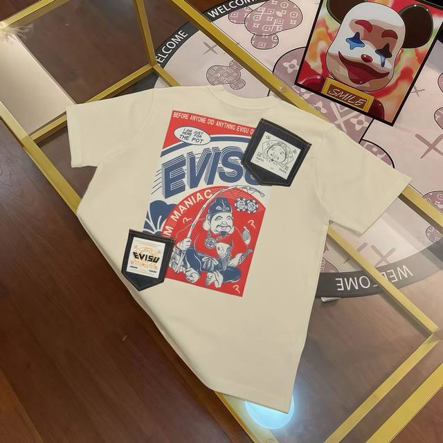 重磅300克 EVISU 福神 年冬季新品 男士佛头钓鱼翁口袋印花短袖T恤 码数S-XXL