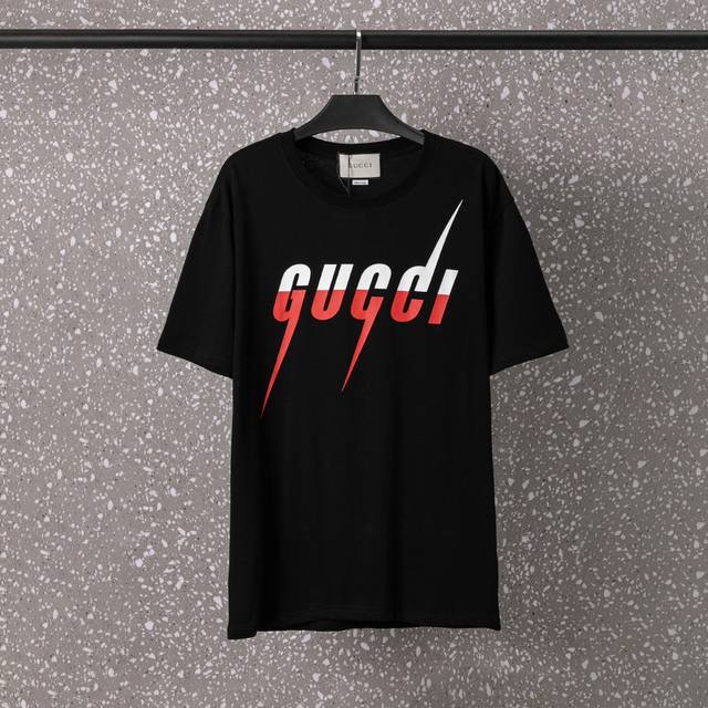 607#Gucci 男女同款 32S双纱爽全棉270克重高品质数码直喷闪电双色工艺-颜色黑 杏-码数XS-L-