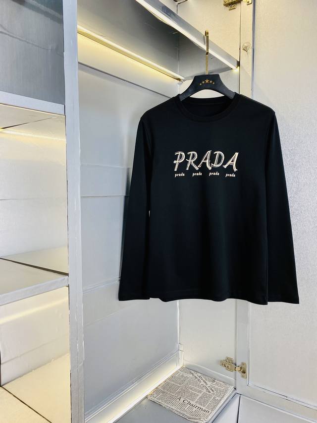 可穿230斤胖子福音码数:M-5XL 普拉达Prada 原单品质 2025最新款 长袖打底衫长袖T恤 精选专柜订制顶级丝光棉进口面料 所有细节做工完美1比1复刻