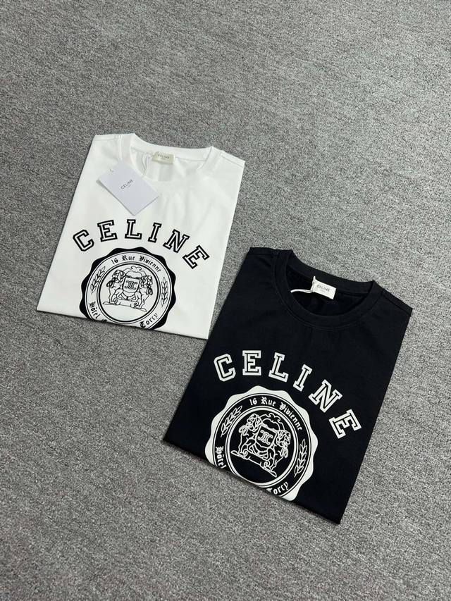 CELINE 2025春夏新品立体硅胶印花短袖T恤；定制专属80支双股丝光长绒棉面料，立体硅胶印花工艺， S-3XL