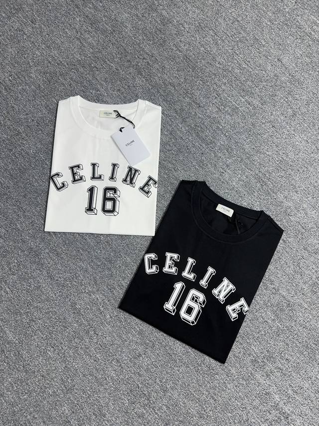 CELINE 25春夏新品品牌logo撞色印花短袖T恤，定制80支双股丝光棉面料；黑色 白色 S～XXXL